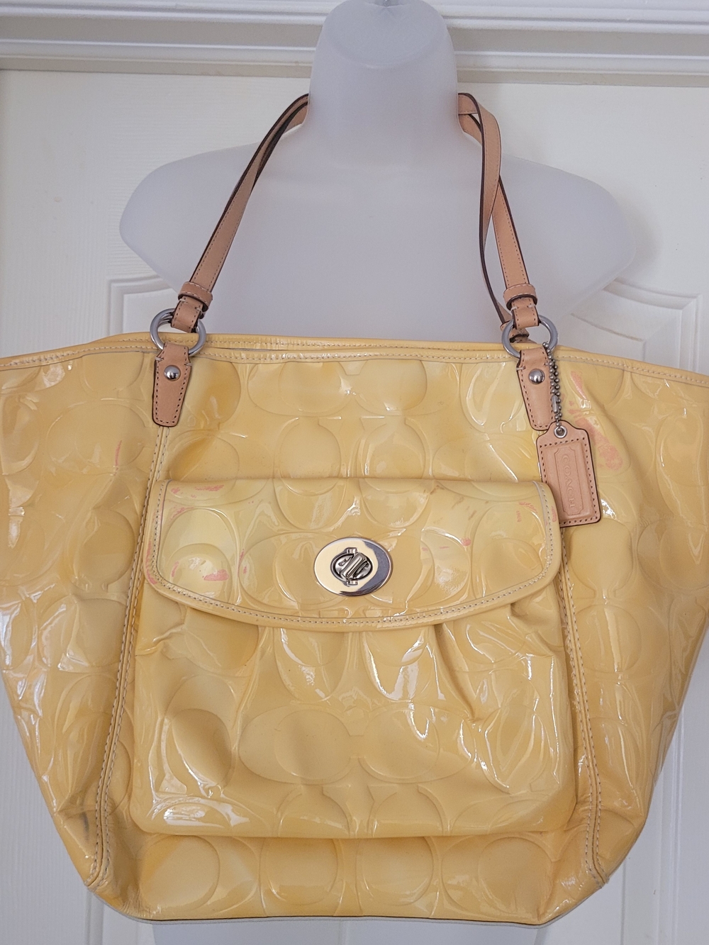 Coach Yellow Patent Leather Shoulder Bag with Tan Straps